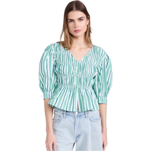 Ganni Tops - GANNI Creme de Menthe Stripe Cotton V-Neck Fitted Blouse Sz UK 40/L